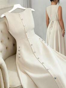 Elenzya Vestido de mujer beige liso sin mangas, abotonado simple con decoración de metal, cuello redondo, cintura ceñida con lazo, elegante, pa - Albaricoque - Ver 2