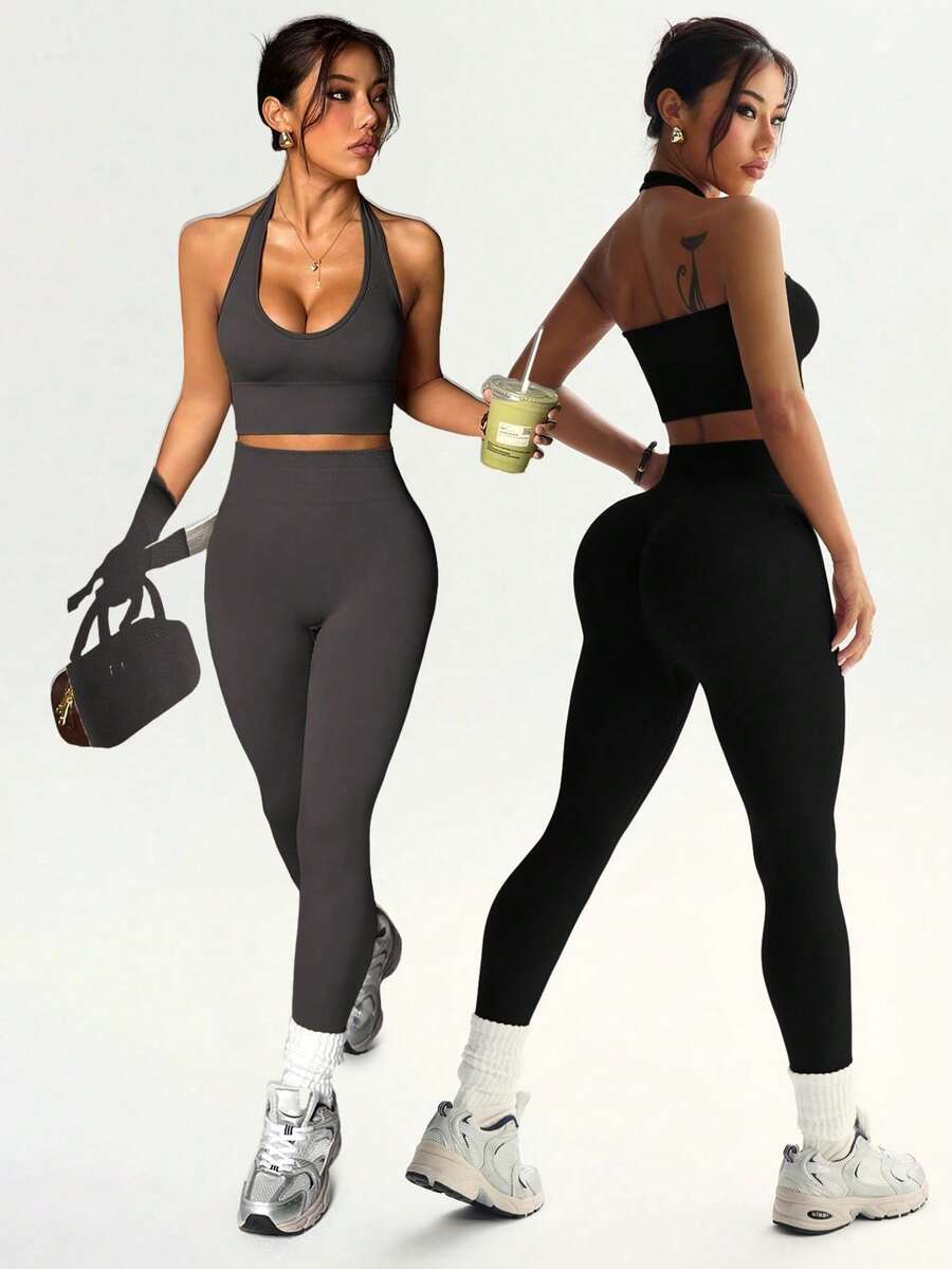 Dewbera Women's Minimalist Solid Color Halter Top And Pants Sports Set For Everyday Wear - 多色 2 - 查看 1