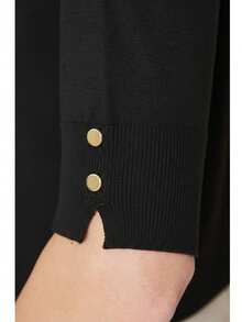 Women's Crew Neck Snap Button Sleeve Knit Top Casual Half Sleeve Sweater Blouse - Black - View 2