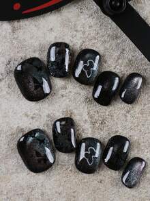 10pcs Press On Nails Black Butterfly Green Cat's Eye Nails Faux Handmade Press On Nails Fake Nails Artificial Nails Kit Includes 1sheet Adhesive Tabs &1 Pc Mini File - 彩色 - 查看 1
