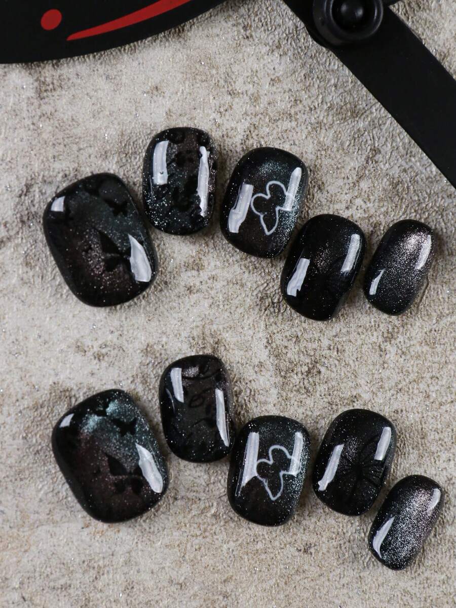 10pcs Press On Nails Black Butterfly Green Cat's Eye Nails Faux Handmade Press On Nails Fake Nails Artificial Nails Kit Includes 1sheet Adhesive Tabs &1 Pc Mini File - 彩色 - 查看 1