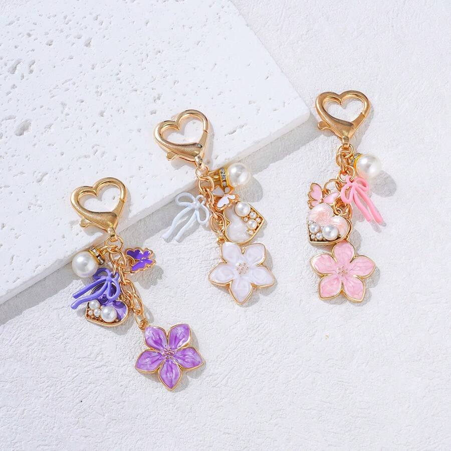 1Pc Alloy Enamel, Sakura Heart Pearl Bow Keychain, Suitable For Back To School, Teen Girls, Daily Handbag Decor, Schoolbag Pendant - Multicolor - View 1