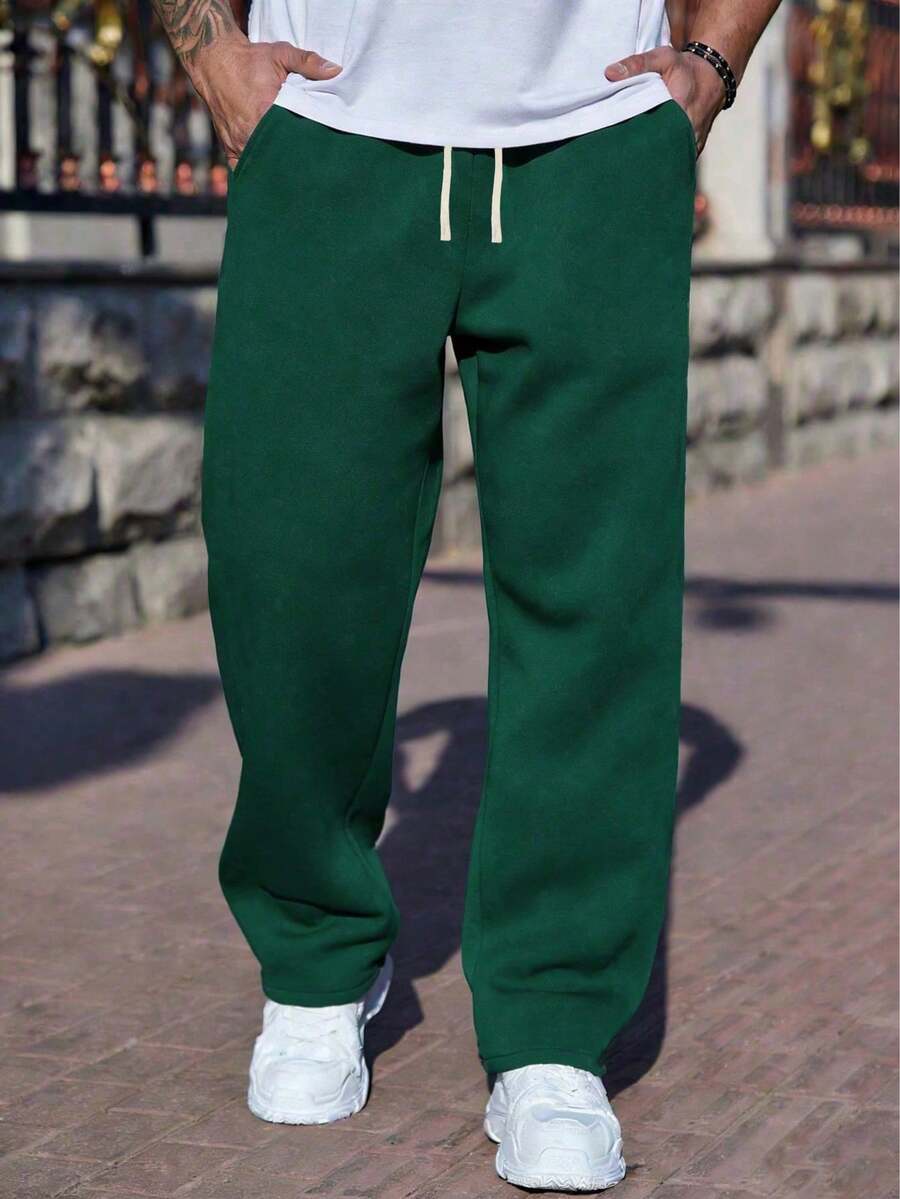 Pantalones de chándal rectos y holgados para hombre, color gris, con detalle de cordón, para uso casual - Verde - Ver 1