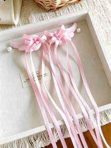 2pcs Cute Angel Wings Long Ribbon Hair Clips, Sweet Pearl Bow Hair Accessories For Girls, Decorative Side Hair Clips - Multicolor - View 6