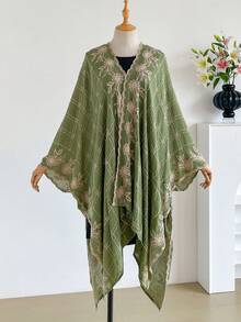 1件優雅格紋花卉圖案波西米亞風刺繡開襟披肩女款和服/圍裙，春夏外穿海灘度假防曬刺繡開襟衫，時尚百搭奢華裝飾，適合日常搭配，送禮首選 - 綠色 - 查看 2
