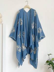 1件優雅花卉圖案波希米亞風刺繡開襟披肩女款和服式圍裙，春夏外穿沙龍，海灘度假防曬抗UV刺繡開襟衫，時尚百搭奢華裝飾，適合日常搭配，禮物首選 - 藍色 - 查看 7