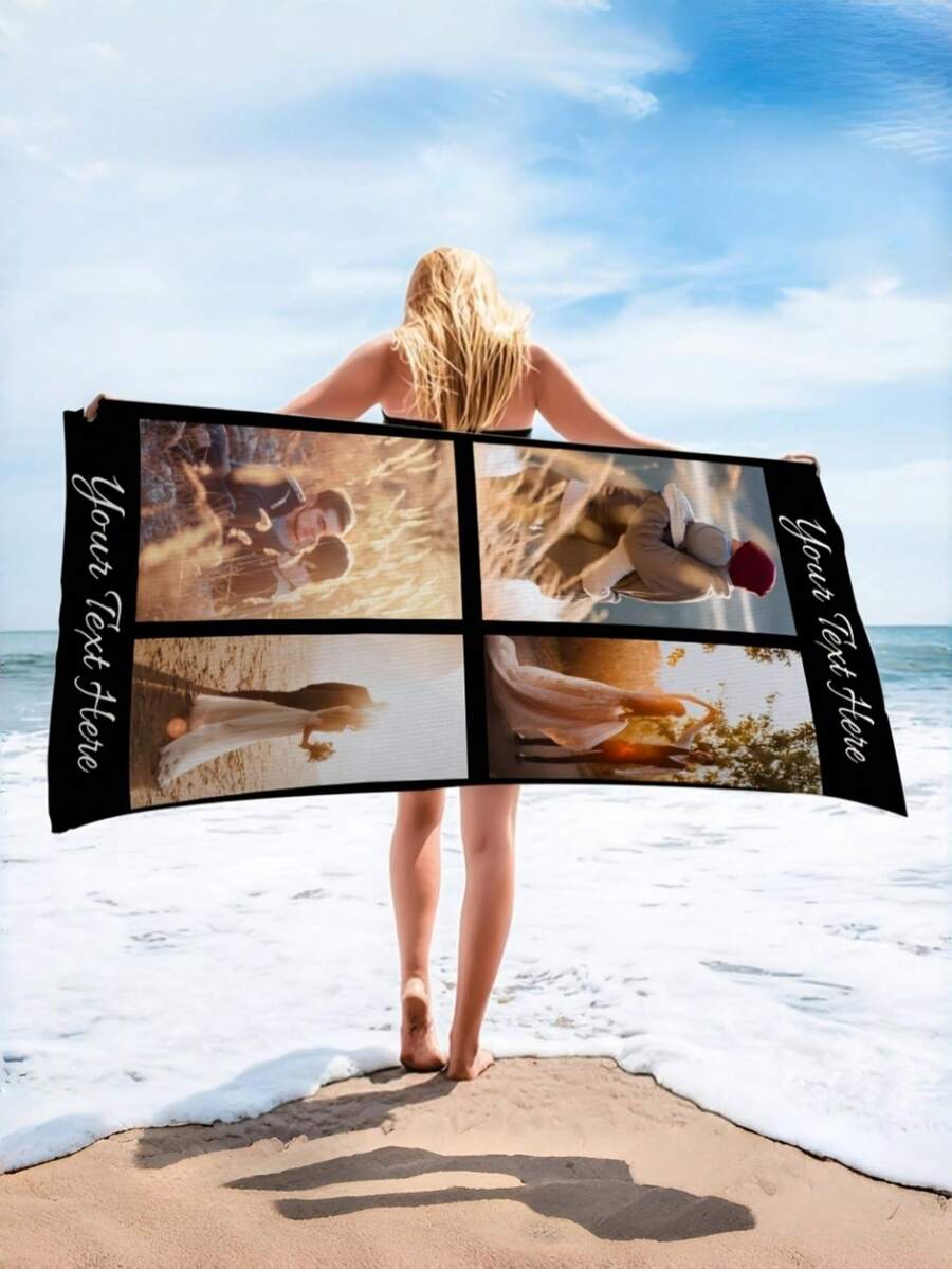 Custom 1pc Couple Themed Beach Towel, Can Print Images, Personalized Text And Photos, Suitable For Couple Honeymoon, Anniversary, Highly Absorbent, Soft And Comfortable, Essential For Beach Party, Pool Party And Seaside Vacation - Multicolor - View 1