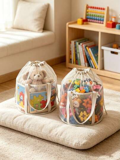 OBOVAY 1pc Mesh Drawstring Tote Bag, Easy To Store And Quickly Find Items. Portable And Multi-Purpose, Space-Saving, Can Be Used To Store Accessories, Building Blocks And Puzzles, Perfect For Home Room Use