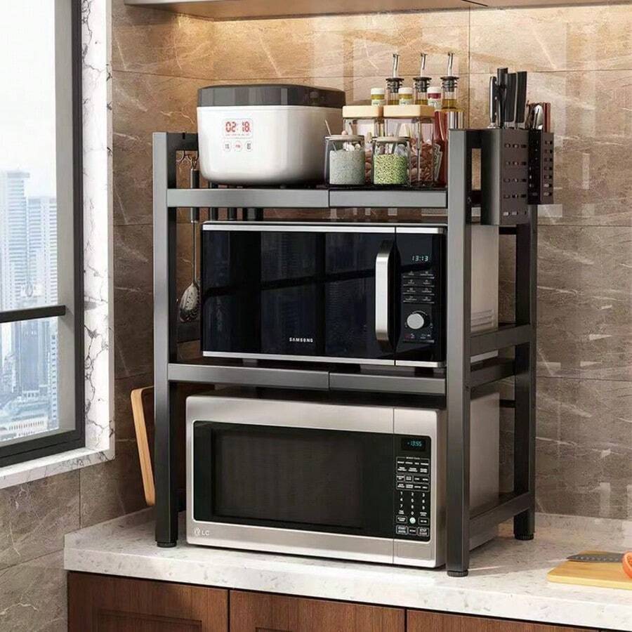 1pc Expandable Kitchen Storage Rack Microwave Oven Stand, Single/Double Layer Desktop Countertop Organizer For Oven, Rice Cooker - Second Floor - View 1