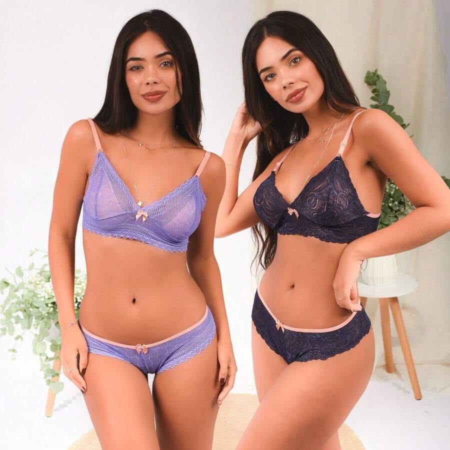 Kit Conjunto Renda Sem Bojo Calcinha e Sutiã Feminino Confortável Moda Bicolor Linha Noite - kit 2 - lilás/marinho - Visão 1