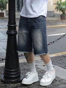 1件男士寬鬆版型時尚街頭風牛仔短褲，流蘇下擺，百搭 - 深色水洗藍 - 查看 4
