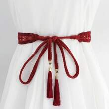 Vestido de Mujer con Cadena Decorativa en la Cintura, Trenzado de Encaje y Cuerda de Algodón - B - Ver 2