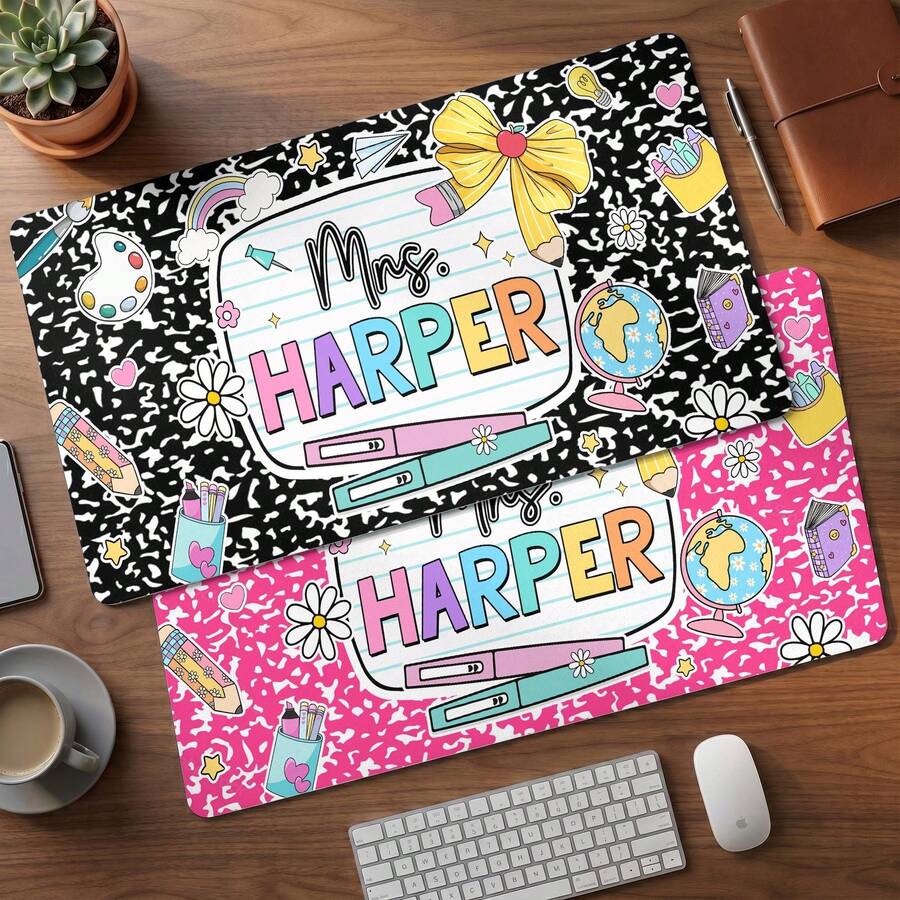 1pc Personalized Teacher Desk Mat, Custom Teacher Composition Book With Name Mouse Pad, Teacher Gifts, Back To School,Teacher Appreciation Gift, Rectangle Mousepad 24 X 14 Inch Stitched Edges - Style 1 - View 1