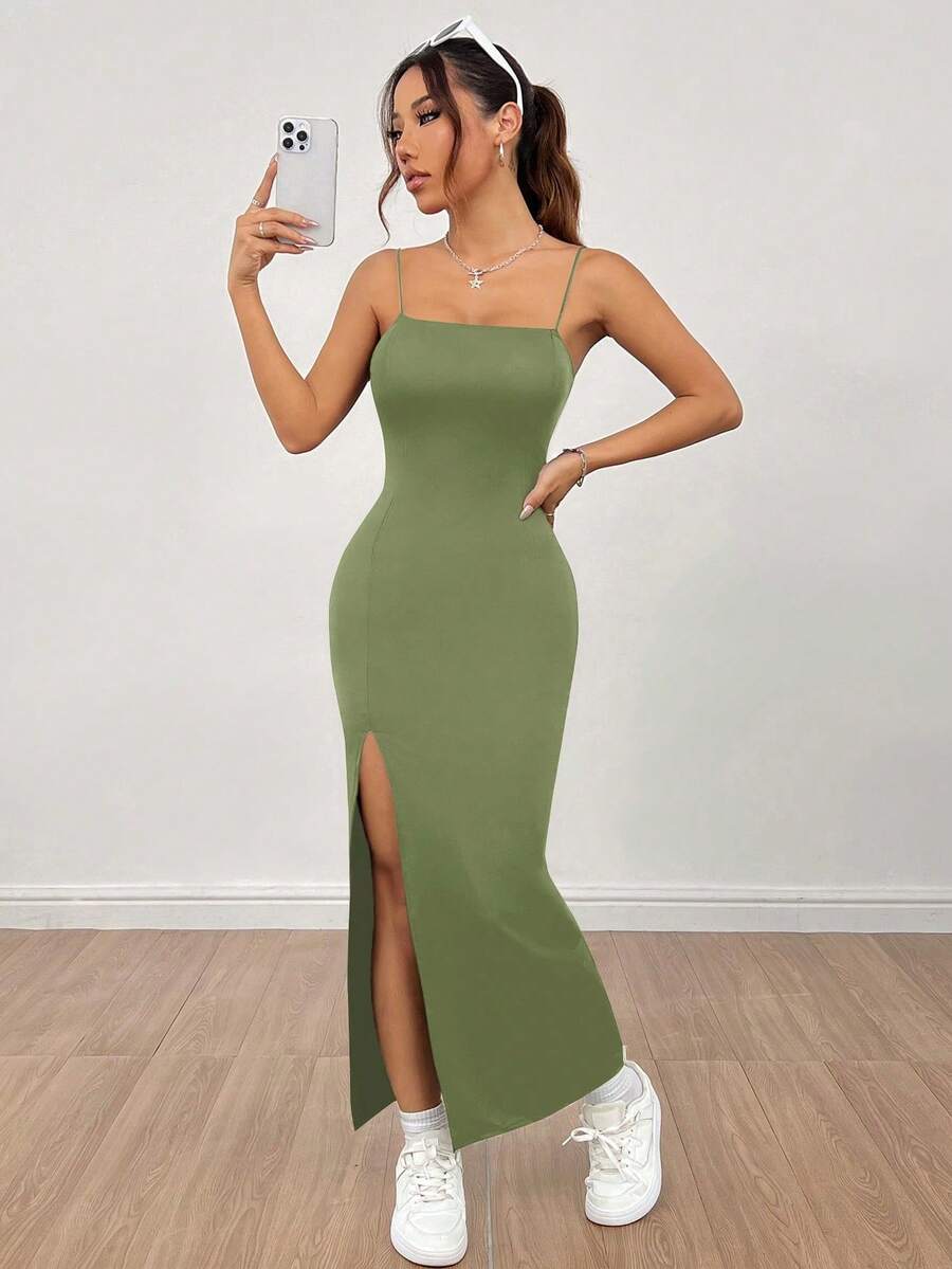 PETITE Women's Long Black Dress With High Slit Strap And Solid Color - Army Green - View 1