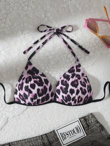 Top de biquíni para mulher com decote halter, estampado leopardo rosa e preto, com laço nas costas, sem mangas, moda de banho de verão - Rosa - Ver 1
