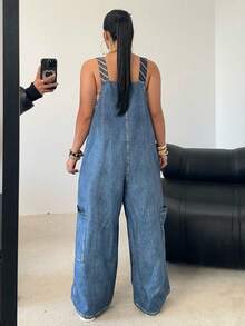 formal de talla grande para mujer con efecto de mezclilla, peto y tirantes, rayas, bolsillo grande de color contrastante, adecuado para vacaciones, citas, fiestas y actividades al aire libre - Azul - Ver 1