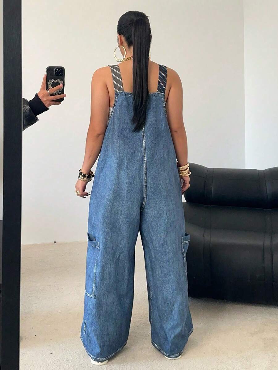 formal de talla grande para mujer con efecto de mezclilla, peto y tirantes, rayas, bolsillo grande de color contrastante, adecuado para vacaciones, citas, fiestas y actividades al aire libre - Azul - Ver 1