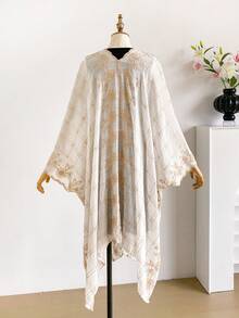 1pc Elegant Plaid Floral Pattern Bohemian Style Embroidered Split Shawl Women's Kimono, Sarong Spring/Summer Outerwear Beach Vacation Sun Protection UV Protection Embroidered Cardigan Fashion Versatile Luxury Decorative Suitable For Daily Wear Gift Choice - White - View 4