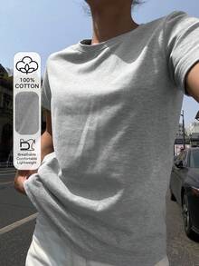 Short-Sleeved T-Shirt With Round Neck And Solid Color - Gris - View 1