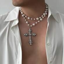 Colgante de cruz de lujo vintage europeo y americano, collar de perlas versátil unisex, conjunto de joyas de estilo gótico para fiestas. - Negro - Ver 5