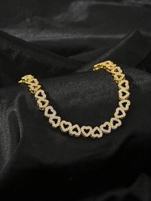 Stainless Steel 18K Gold Plated Heart-Shaped Rhinestone Bracelet Set, 14K Gold Plated Copper Inlaid Cubic Zirconia Open Bangle - Gold - View 6