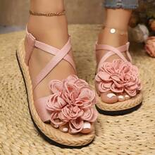 Elegantes sandalias planas florales para mujer, sandalias decoradas con grandes flores, zapatos planos casuales de punta abierta para todas las estaciones, sandalias ligeras y cómodas de est - Azul - Ver 7