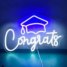 1件 Congrats Grad LED 霓虹燈牌 - USB供電可調光牆飾，畢業帽與香檳杯設計，手寫體燈光，適用畢業派對、居家辦公慶祝，耐用塑料材質，畢業裝飾，派對氛圍燈飾，工廠直供 - 藍色 - 查看 5