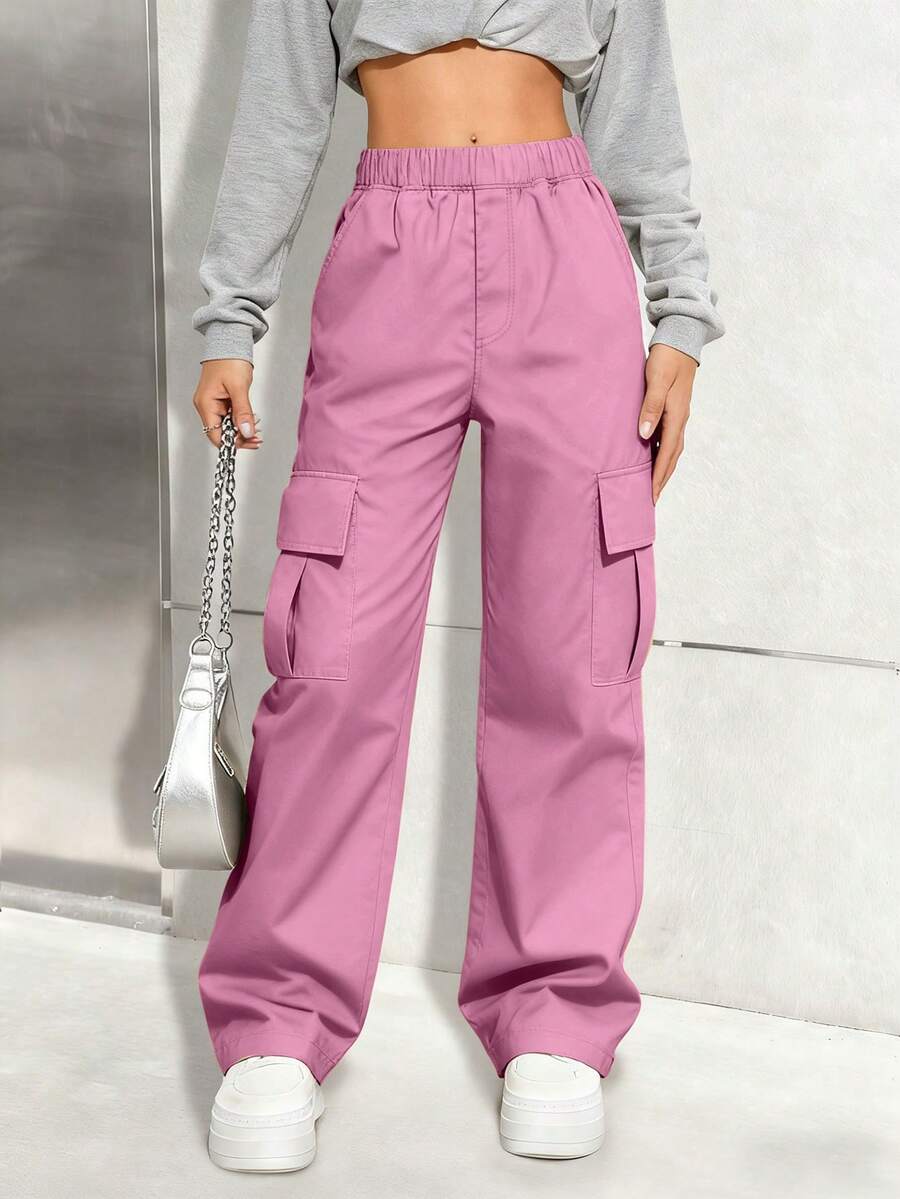 1pc Tween Girls Fashion Personalized Solid Color Comfortable Loose Multi-Pocket Cargo Pants Spring Autumn - Pink - View 1