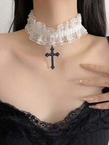 1pc Vintage Lace Cross Decor Choker Necklace Suitable For Women's Daily Wear - Cross - View 3