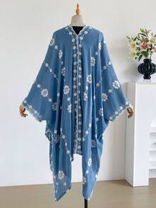 1件極簡優雅花卉圖案波希米亞風刺繡開襟披肩女款和服式圍裙 春夏外穿沙龍罩衫 海灘度假防曬防UV刺繡開襟衫 時尚百搭奢華裝飾款 適合日常搭配 送禮首選 - 藍色 - 查看 4