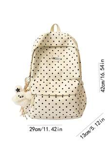 Cream White With Black Polka Dot Large Capacity Backpack, Waterproof And Wear-Resistant Fabric For Long-Lasting Durability, All-Over Polka Dot Design Classic And Versatile, Multiple Pocket Layout To Meet Storage Needs, Paired With Cute Puppy Charm For Unique Style. Suitable For Primary And Middle School Students' Daily School Use, Also Meets Shopping, Travel, Commuting Storage Needs, Fresh Korean Style Casual Backpack. - White - View 2