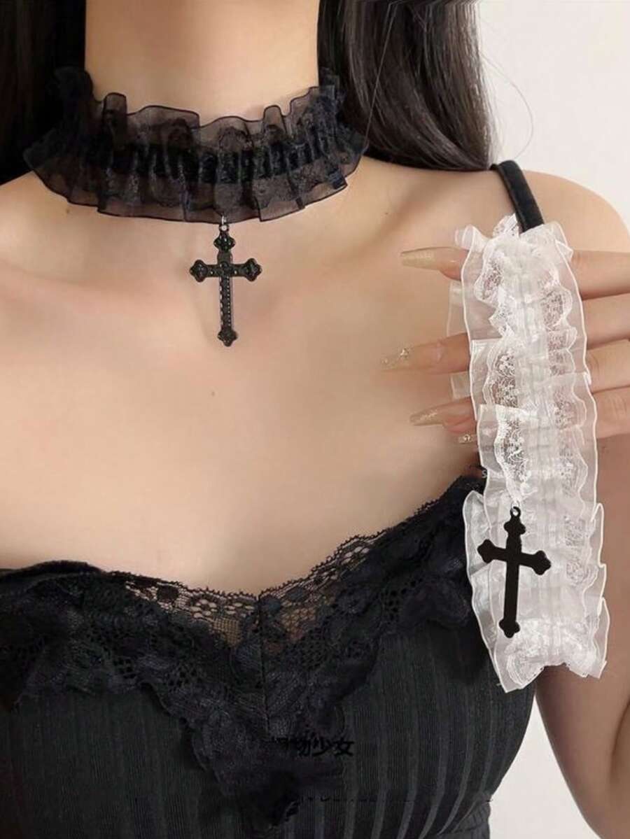 1pc Vintage Lace Cross Decor Choker Necklace Suitable For Women's Daily Wear - Cross - View 1