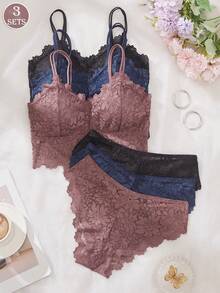 3SETS Women Lace Camisole Brief Sets With Chest Pads, Spaghetti Straps Wireless Anti-Exposure Bra Vests, Comfy Intimates - Multicolor - View 3