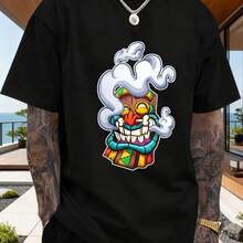 Diseño gráfico vibrante, Camiseta de algodón orgánico, Hombres y mujeres - Tiki con nubes y colores tropicales - Estilo cartoon con detalles geométricos - Ideal para playa, fiestas y viajes - Negro - Ver 1
