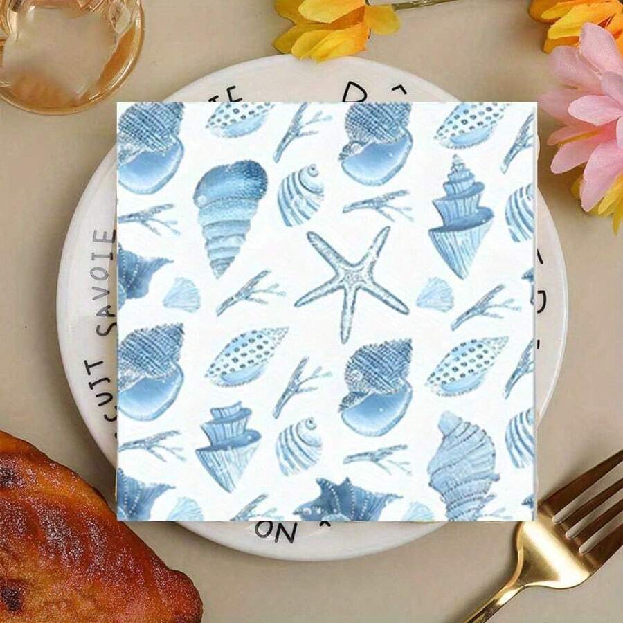 20pcs/40pcs Disposable Ocean Nautical Theme Party Napkins, Blue & White Vintage Shell & Starfish Print, Waterproof, Durable, Tear-Resistant, Suitable For Napkin Holders As Table Decor; Beach Party, Picnic, Birthday Party, Wedding Banquet, Holiday Celebration Table Atmosphere Decoration Paper Napkins, Fresh Ocean Style Tabletop Decor, Home Gathering, Outdoor Trip, Theme Banquet Universal Tabletop Decoration Supplies - Multicolor - View 1