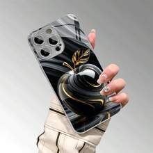 1pc Luxury Black & Gold Marble Fluid Apple Pattern Glass Phone Case, High-End & Elegant, Compatible With Apple - Silver - View 5