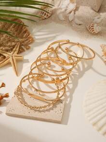 8pcs Minimalist Gold Women's Open Bangle Bracelet Set, Vintage Stackable Twisted Rope Engraved Rhinestone Bracelets, Everyday Layering Jewelry Gift - 8pcs/set - View 7