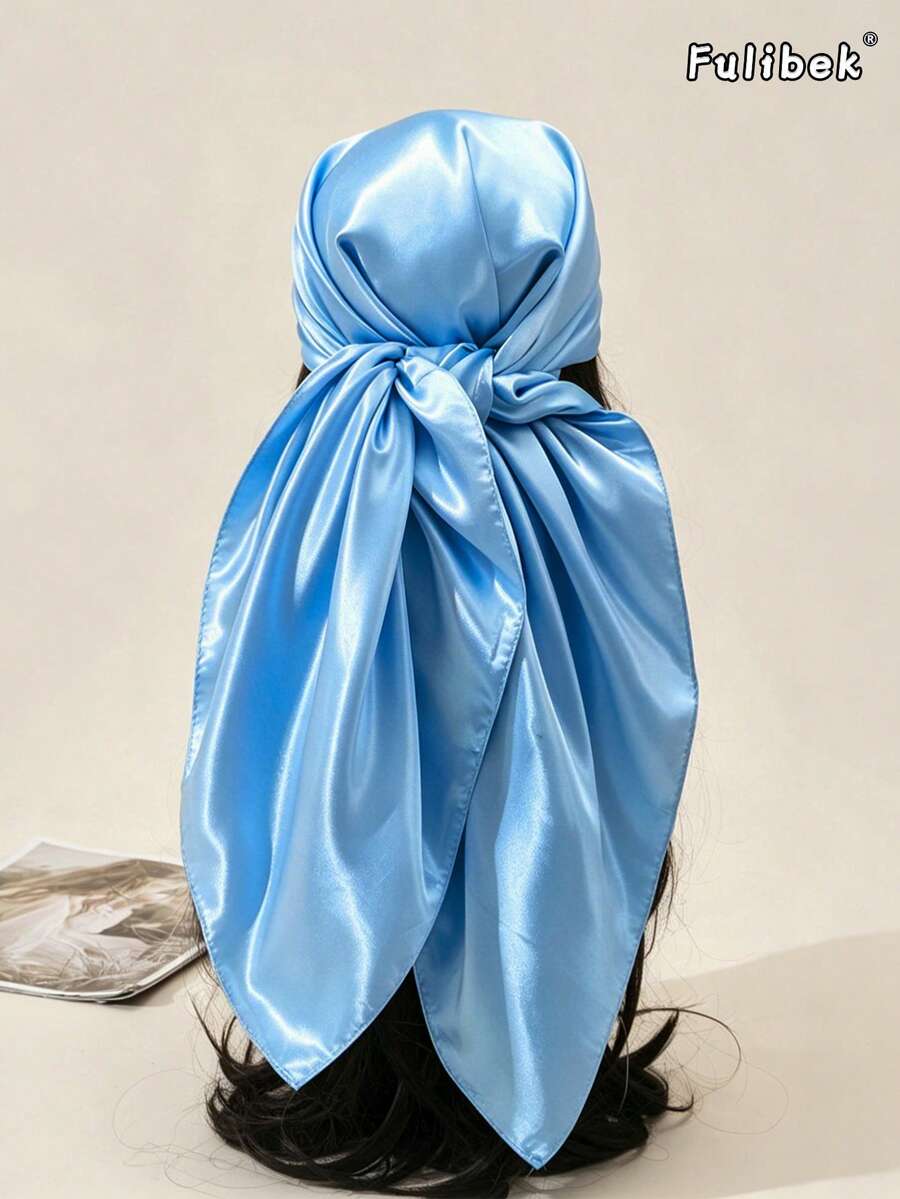 1件純色緞面90cm正方形圍巾 - 淺藍 - 查看 1