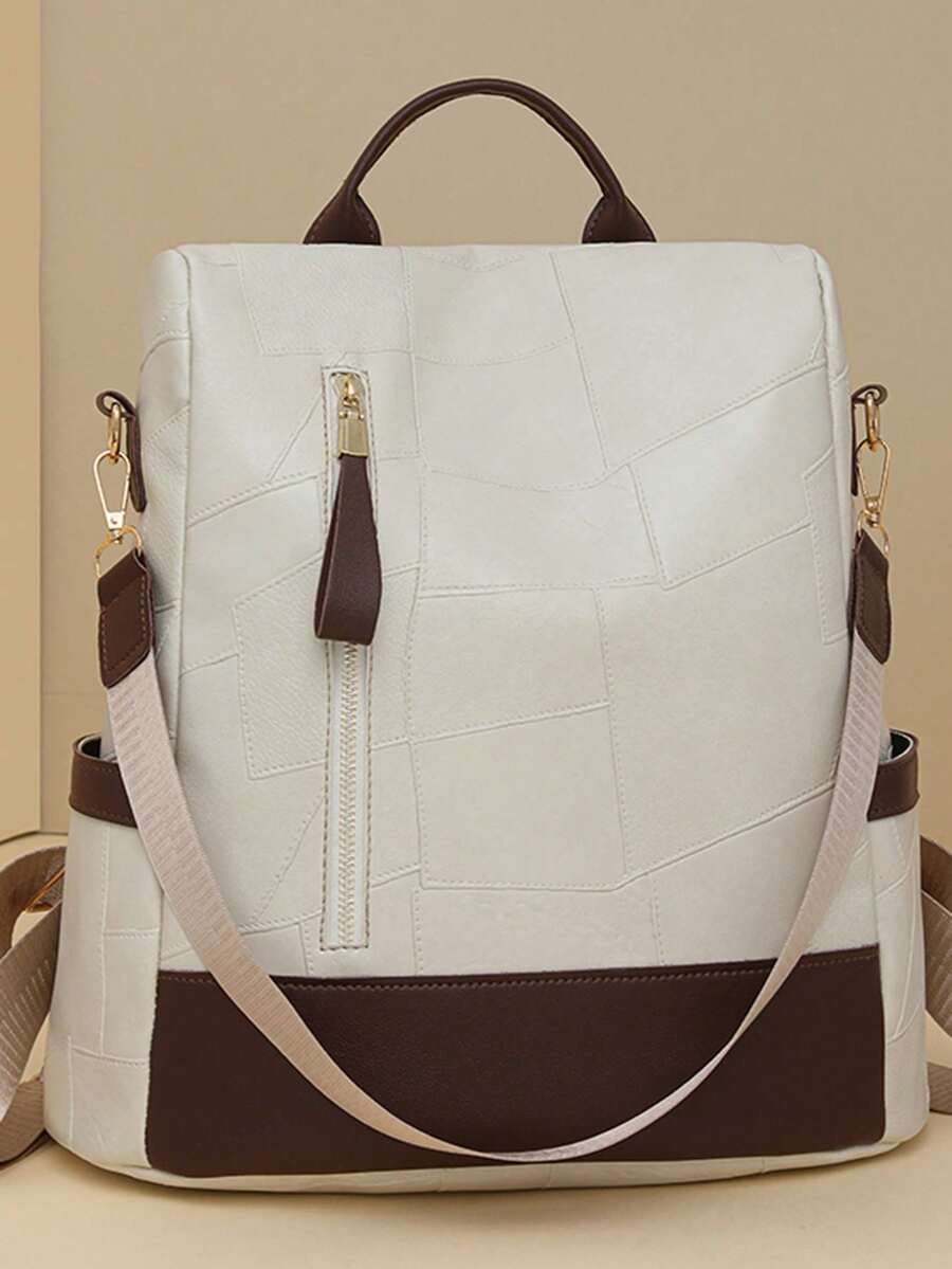 Large Capacity Backpack With Zipper Closure And Plain Style, For Everyday Casual Use - Black and White - View 1