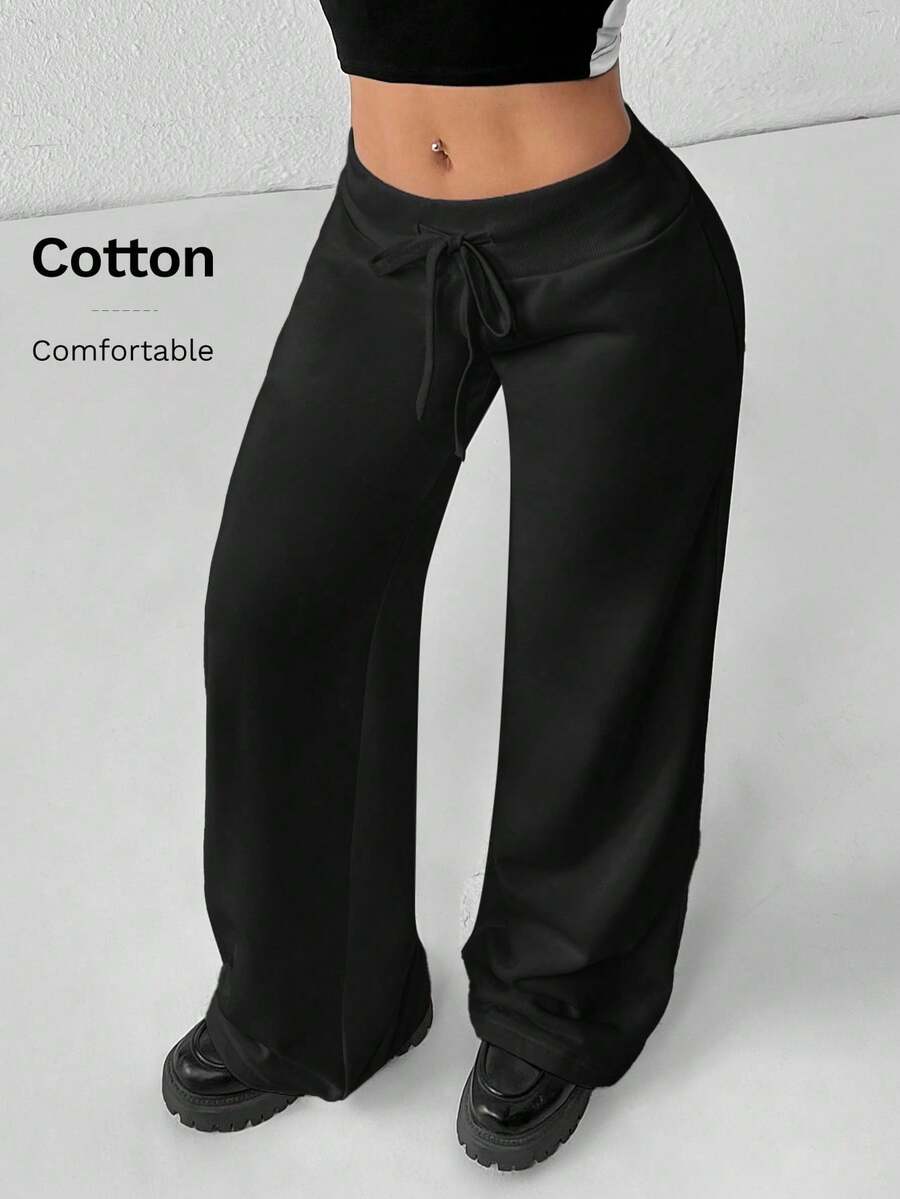 PETITE Women's Smooth Fabric Sports Trousers, Comfortable And Casual, Low Waist And Wide Leg, Autumn Clothing For Women, Winter Clothing For Women - 黑色 2 - 查看 1