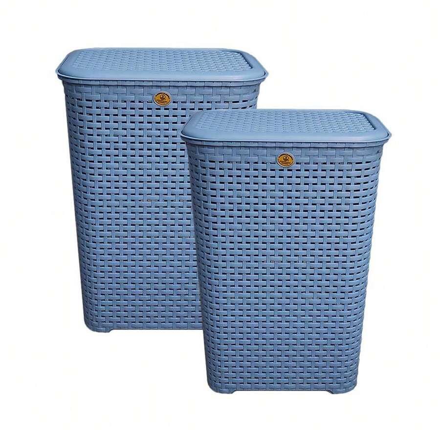 Combo Of 2 Rattan Baskets With Lids - La Ardilla Plastics - Basket, Laundry Hamper, Organizer, Polypropylene Material, Durable, Lightweight And Elegant - Ideal For Indoor And Outdoor Use, Bedroom, Laundry Area. - 藍色 - 查看 1