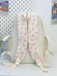 New Semester Student Backpack; Bow Print Backpack, Suitable For Elementary And Middle School Students - White - View 7