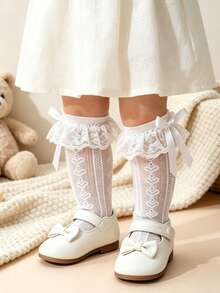 1 Pair Baby Girls' Sweet Cute Lace Ruffle Bow Heart Jacquard Mesh Ankle Socks - White - View 5