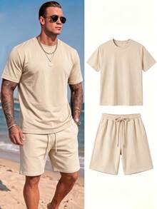 Men's Summer Round Neck Casual T-Shirt And Shorts Set - Apricot - View 3