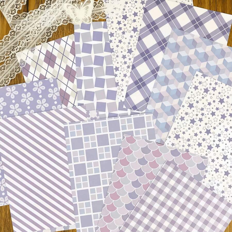 12pcsLavender Geometric Grid Lace Scrap Book Paper Hollow Lace Lightweight Tearable Background Collage Salt Style Retro Letters And Cards DIY Decorative Paper Girl Aesthetics Journal Supplies Album Envelope Craft Stationery Essential For BacktoSchool - Multicolor - View 1