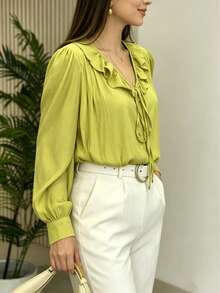 Women's V-Neck Ruffle Green Blouse, Fashion Long Lantern Sleeve Top, Suitable For Various Street And Home Occasions - Lime Green - View 9