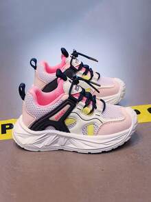 1 Pair Girls' Pink, White & Yellow Colorblock Mesh Slip-On Drawstring Thick Sole Dad Sneakers, Sweet & Cool Dopamine Sporty Style, Suitable For School, Camping And Multiple Occasions - Pink - View 3