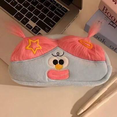 1pc Funny Ugly Cute Blue & Pink Fluffy Girl Plush Large Capacity Japanese INS Pencil Case, Creative Highly Attractive Storage Pen Bag For Students, Office And Study Supplies/Desk Accessories/Desk Decor, Birthday/Easter/Presidents Day/Christmas/Family/Friends/Boys/Girls Gift, School Gift For Classmates