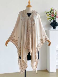 IROJEFF 1pc Elegant Floral Pattern Bohemian Style Embroidered Split Kimono/Sarong Shawl For Women, Spring/Summer Outerwear, Beach Vacation Sun Protection, Embroidered Cardigan, Fashionable Versatile Luxury Decorative, Suitable For Daily Matching, Perfect Gift Choice - Apricot - View 2