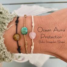 3 Stücke (1 Set), Boho Ozean Aura Armbänder Set, Schutzarmband, Urlaubsarmbänder, verstellbares Kordelarmband, asymmetrische Steinform, Geschenk für Frauen - bunt - Übersicht 1